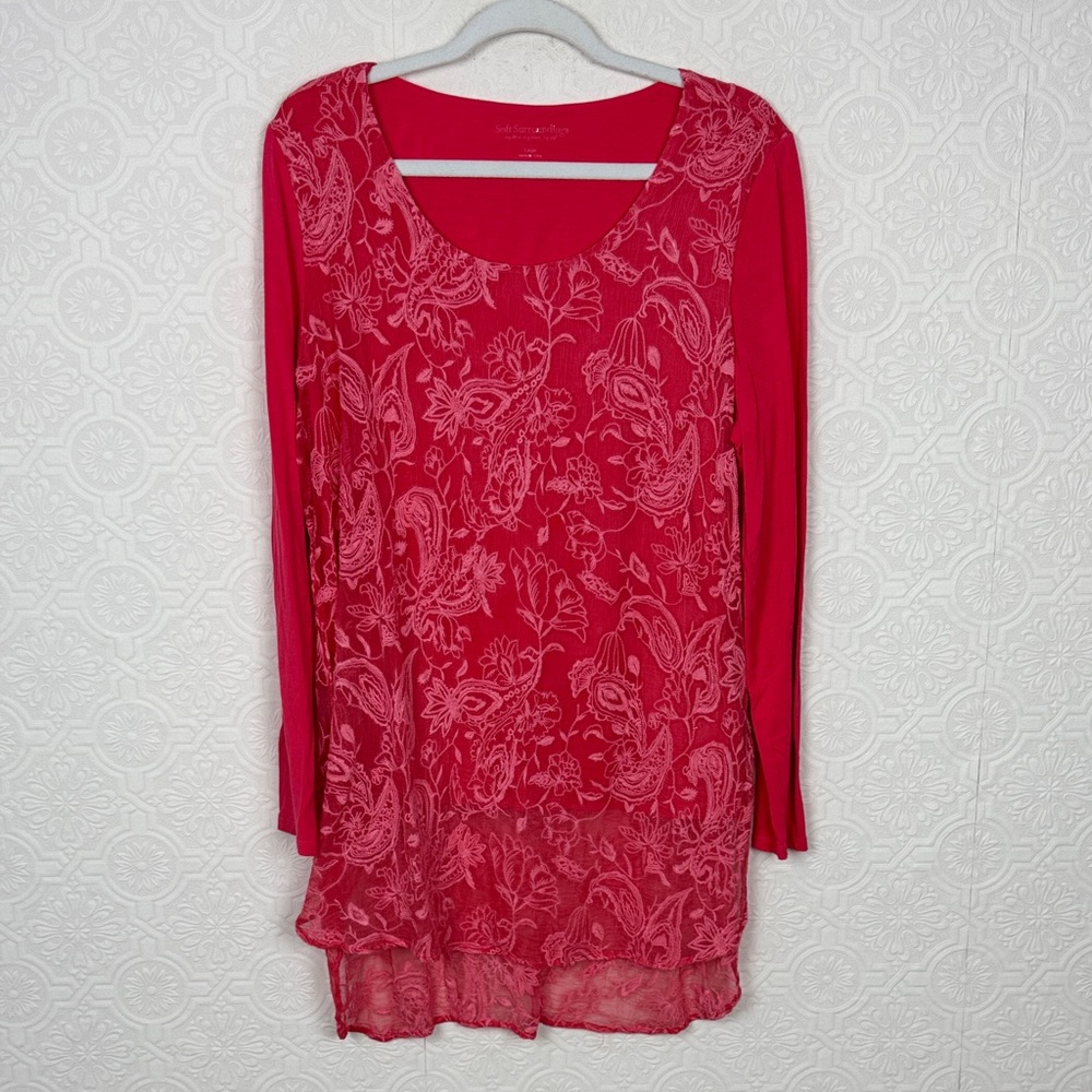Soft Surroundings‎ 100% Silk Embroidered Tunic Top Long Sleeve Pink Large